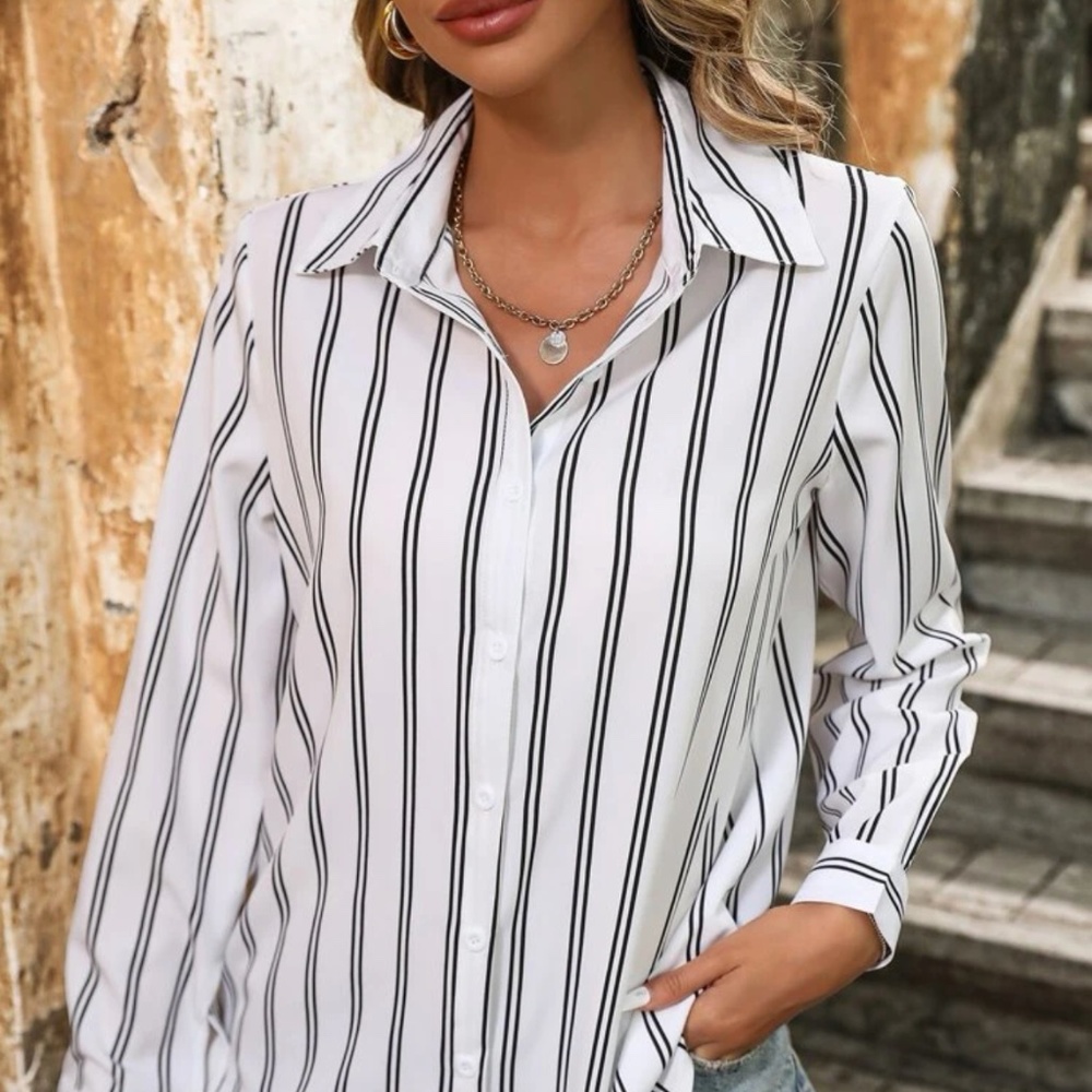 White Striped Shirt Button Up / Down Long Sleeve, Collar - Picture 5 of 8